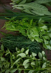 Wall Mural - fresh herbs on wooden surface