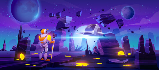 Poster - Astronaut on alien planet and flying spaceship. Cosmonaut and shuttle explore outer space. Vector cartoon illustration of futuristic planet surface with rocket and man in suit and helmet