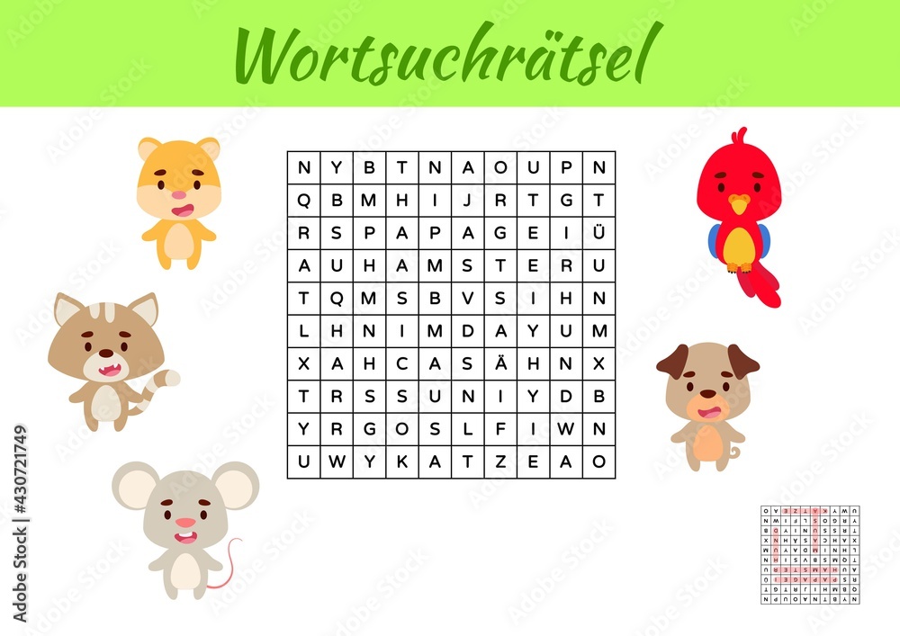 Wortsuchrätsel - Word search puzzle. Kids activity worksheet colorful