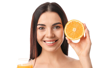 Sticker - Beautiful young woman with orange on white background