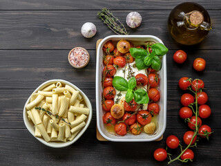 Trending viral Feta baked pasta recipe made of cherry tomatoes, feta cheese, garlic, and herbs in a casserole dish. Great sauce for rigatoni or penne. 