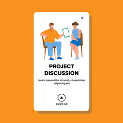 Project Discussion Business Occupation Vector. Manager With Colleague Project Discussion In Conference Room. Characters Man And Woman Discuss Strategy Together Web Flat Cartoon Illustration