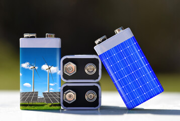 Wall Mural - battery with solar panels and wind turbines. the concept of sustainable resources or green energy.