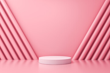 Poster - Blank white podium product pedestal or platform isolated on pink pastel color wall background with reflection minimal conceptual 3D rendering