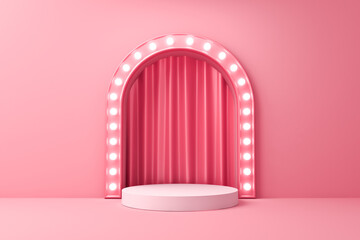 Fototapete - Blank white podium product pedestal or platform with glowing retro light bulbs isolated on pink pastel color wall background minimal conceptual 3D rendering