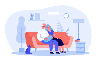 Wall Mural - Cartoon grandparents and little grandchild. Flat vector illustration. Grandfather, grandmother sitting on couch, holding little baby in blue blanket with cat beside. Family, grandparents, pet concept