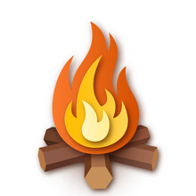 Burning Bonfire Or Campfire, Firewood With Fire Or Flame. Simple Vector Illustration On White Background. Paper Cut Design