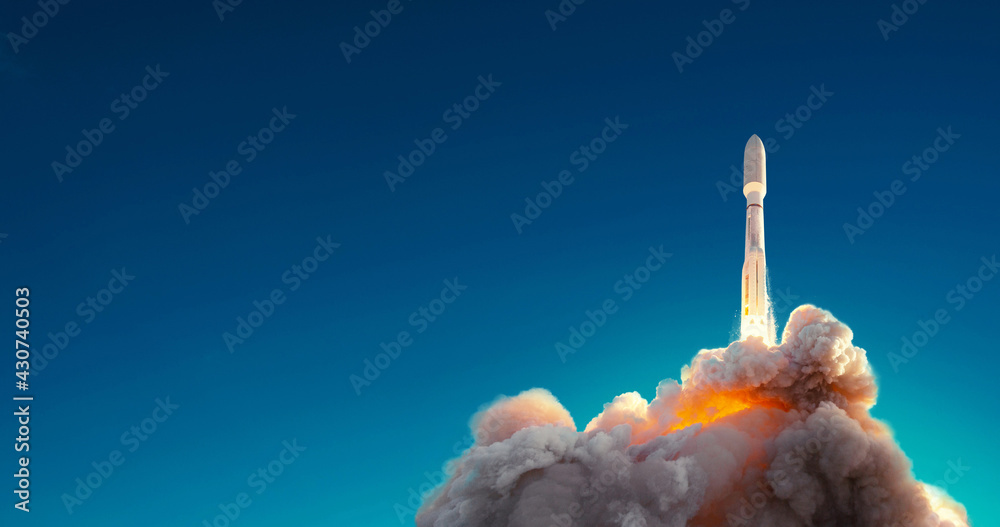 Rocket successfully launched into space against blue sky. Spaceship lift off - obrazy, fototapety, plakaty 