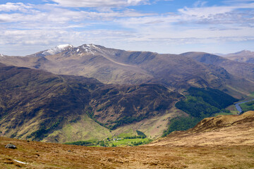 Poster - Mountain summits of Ben Lawers and Meall Garbh with Glen Lyon below from the summit of Meall na Aighean in the winter. Scottish Highlands, UK Landscapes.