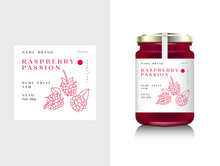 Vector Illustration Realistic Glass Bottle Packaging For Fruit Jam. Raspberry Jam With Design Label, Typography, Line Raspberry Icon.