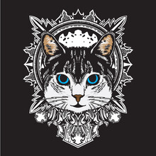 Vector Illustration Cool Black White Cat Flower Mandala Flat Cartoon Style Suitable For Poster, Flyer, Greeting Cards, Sticker, Social Media And Tshirt Design