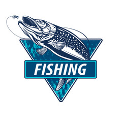 Wall Mural - Pike fishing emblem. Pike fish logo vector. Outdoor fishing background theme. Angry fish logo.