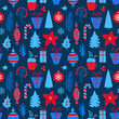 merry christmas and happy new year winter seasonal xmas seamless pattern with decoration items, endless repeatable textue , vector illustration graphic