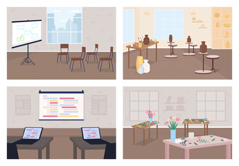 Poster - Workshops flat color vector illustration set. Learn hobby. Business training. Pottery class. Conference for developers. Classroom 2D cartoon interior with no people on background collection