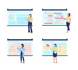 Poster - Female tutors with projector screens flat color vector faceless character set. Multicultural women. Professional seminar isolated cartoon illustration for web graphic design and animation collection