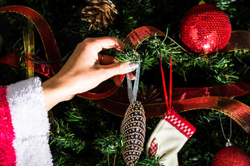 Canvas Print - Closeup of a hand putting Christmas decorations on fir branches