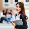 © Bangkok Click Studio - Young and beautiful Asian college student girls holding books, pose to camera with group of friends blur in background against school building. Learning and friendship of teens close friend concept