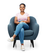 © Syda Productions - comfort, people and furniture concept - portrait of happy smiling young african american woman sitting in modern armchair over white background