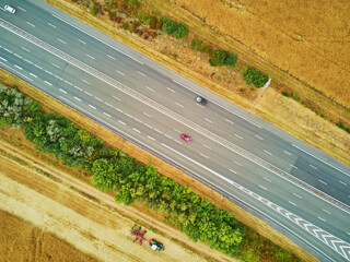 Poster - Aerial drone view of beautiful French countryside and six-lane motorway in France