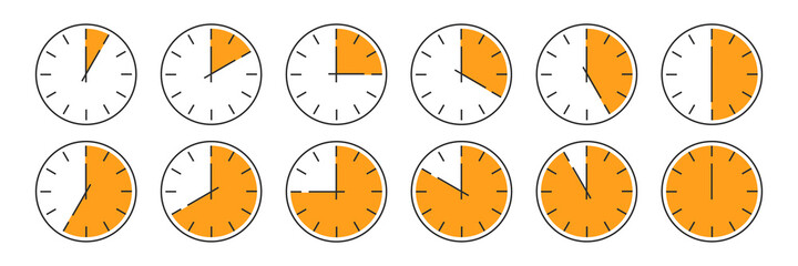 Poster - Clock vector icon. Set of round clocks faces showing different time. Time sumbol isolated. Vector illustration.	