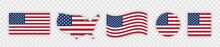 USA Flag Icon Set. Stripes Flags United States With Stars. 4 July, Veteran And Memorial Day Vector Banner. American National Symbol Isolated On Transparent Background. Vector Illustration.