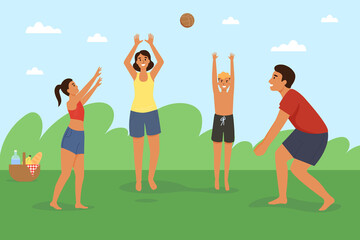 Wall Mural - Happy family with children playing volleyball outdoors on the grass against the background of the sky and clouds. Father, mother, daughter and son throw a ball in nature. Vector flat illustraition.