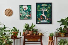 Domestic Interior Of Living Room With Vintage Retro Shelf, A Lot Of House Plants, Cacti, Wooden Mock Up Poster Frame On The White Wall And Elegant Accessories At Stylish Home Garden. Template.