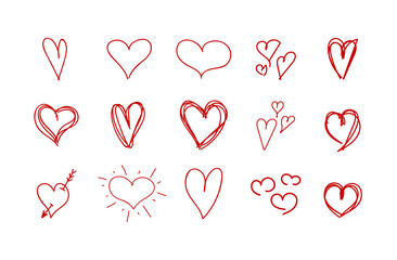 Wall Mural - vector set of red hand drawn hearts, handdrawn rough marker icons, drawings isolated on white backgr
