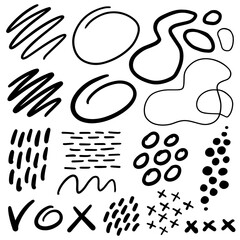 Aufkleber - Hand drawn graphic decorative elements. Bullet journal web visual infographic sketch lines frames shapes circles dots points monochrome isolated vector object set.