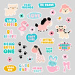 A set of cute stickers with animal lettering phrases for baby. Tiger, cat, horse and text popular little princess, hello little one and others