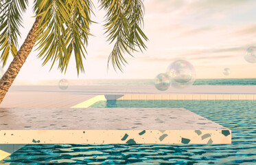 Leinwandbilder - Summer beach scene background with terrazzo podium and palm tree. 3d rendering.