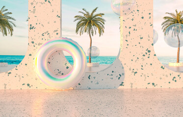 Leinwandbilder - Summer beach scene background with holographic Inflatable ring Pool Float. 3d rendering.