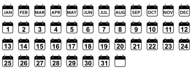 Wall Mural - every day and month of a year calendar icons. set of black calendar icons. vector illustration.