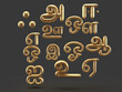 Golden Tamil language alphabets in black background 3D render
