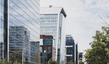 Fototapeta  - Financial district glass mirror buildings on cloudy day in Santiago, Chile. Skyscrapers facades, cold blue effect concept