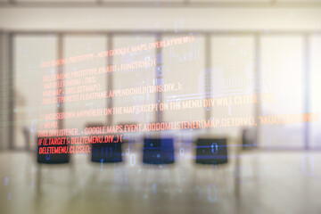 Poster - Multi exposure of abstract creative coding sketch on a modern conference room background, artificial intelligence and neural networks concept