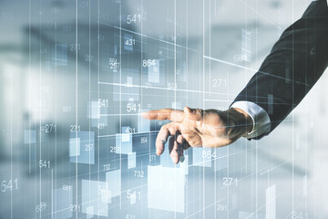 Poster - Double exposure of male hand presses on abstract virtual statistics data hologram on blurred office background, statistics and analytics concept
