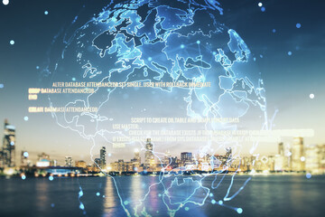 Poster - Abstract virtual coding illustration and world map on Chicago cityscape background, international software development concept. Multiexposure