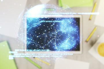Poster - Multi exposure of abstract creative coding sketch with world map and modern digital tablet on background, top view, artificial intelligence and neural networks concept