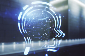 Poster - Abstract virtual artificial Intelligence interface with human head hologram on blurry modern office building background. Multiexposure