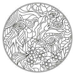 Wall Mural - Zendala. Zentangle. Hand drawn circle mandala with abstract patterns on isolation background. Design for spiritual relaxation for adults. Line art creation. Black and white illustration for coloring.