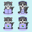 Vector illustration of cute Raccoon play laptop and read book cartoon. Cute Raccoon expression character design bundle. Good for icon, logo, label, sticker, clipart.