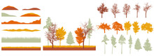Creation Of Autumn Beautiful Park, Forest, Landscape, Woodland, Collection Of Design Element. Constructor Kit. Silhouettes Of Bare Trees, Spruce, Pines And Etc., Grass, Hill. Vector Illustration.