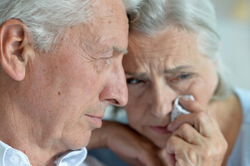 Portrait of sad senior couple posing at home