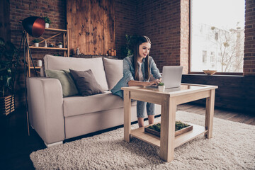 Sticker - Full body photo of serious focused young woman look computer write blog freelancer indoors inside house home