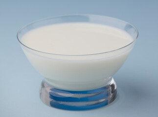 glass of milk for cereals, blue background