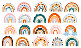Fototapeta Boho - A large set of Scandinavian rainbows with ornaments. Colorful modern set with abstract rainbow icons. Hand-drawn children's boho decorations. For design, posters. Flat style. Vector. Isolated objects.