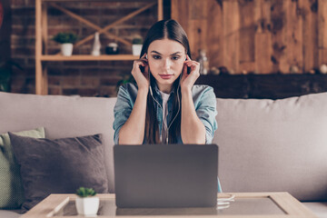 Wall Mural - Photo of charming pretty nice young woman wear headphones look computer sit couch indoors inside house