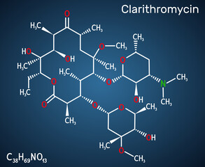 Poster - Clarithromycin molecule. It is antibacterial drug, semisynthetic macrolide antibiotic derived from erythromycin. Structural chemical formula on the dark blue background