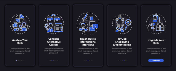 Career transition steps onboarding mobile app page screen with concepts. Upgrade yourself walkthrough 5 steps graphic instructions. UI, UX, GUI vector template with linear night mode illustrations